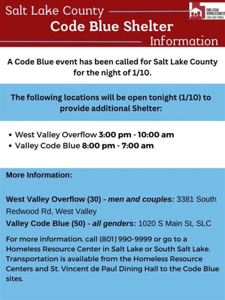 A Code Blue alert issued in Salt Lake County for Sunday night
