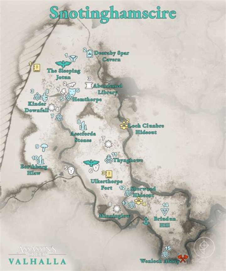 All Assassin’s Creed Valhalla Snotinghamscire Wealth, Mysteries, and Artifacts locations map