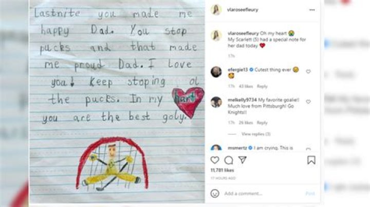 Former Penguin goalie Fleury receives adorable note from 5-year-old daughter after loss