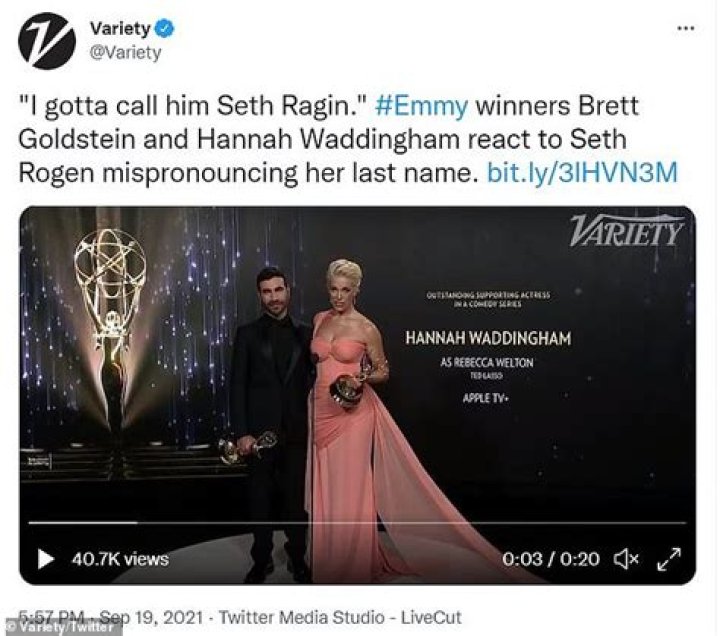 	Hannah Waddingham jokes after Seth Rogen mispronounces her name at Emmys	
