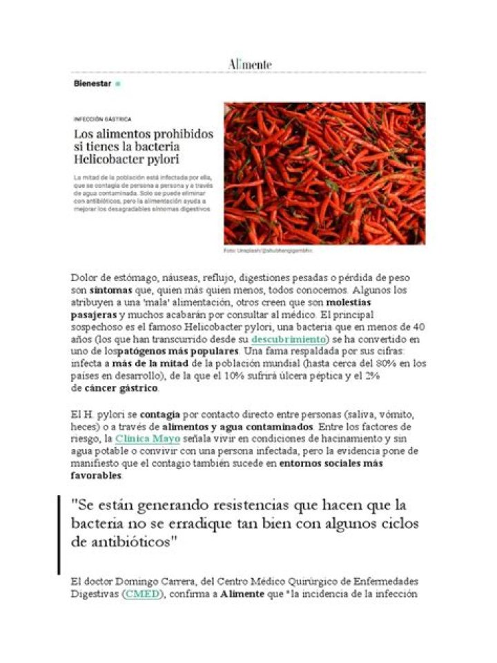Los alimentos prohibidos si tienes la bacteria Helicobacter pylori