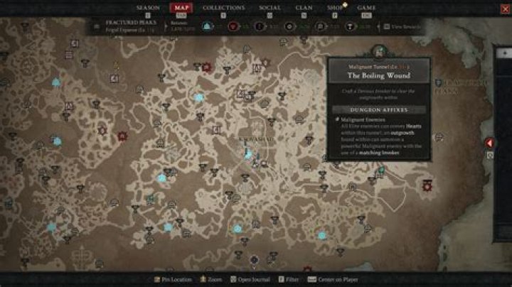 Malignant Tunnel map locations in Diablo 4 season 1