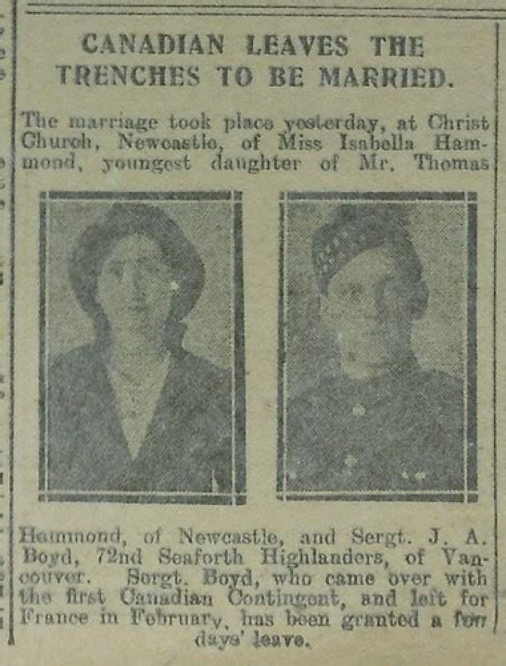 Marriage between Isabella Hammond and JA Boyd, Seaforth Highlanders - Newcastle