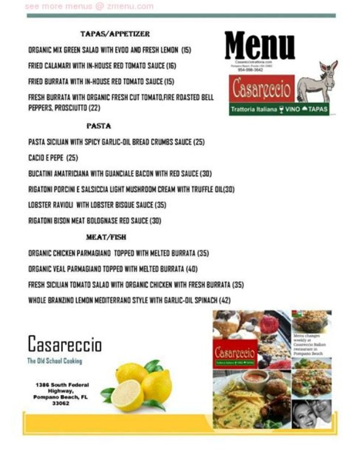 	Menu changes weekly at Casareccio Italian restaurant in Pompano Beach	