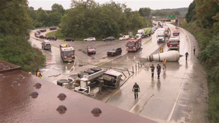 Route 56 reopens hours after cement truck overturns; driver hospitalized