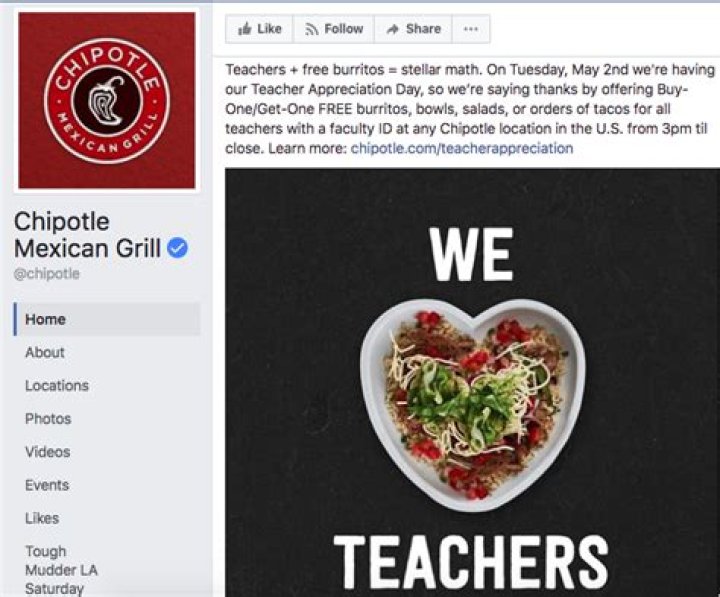 	Teachers get a free meal at Chipotle for Teacher Appreciation Day on Tuesday	