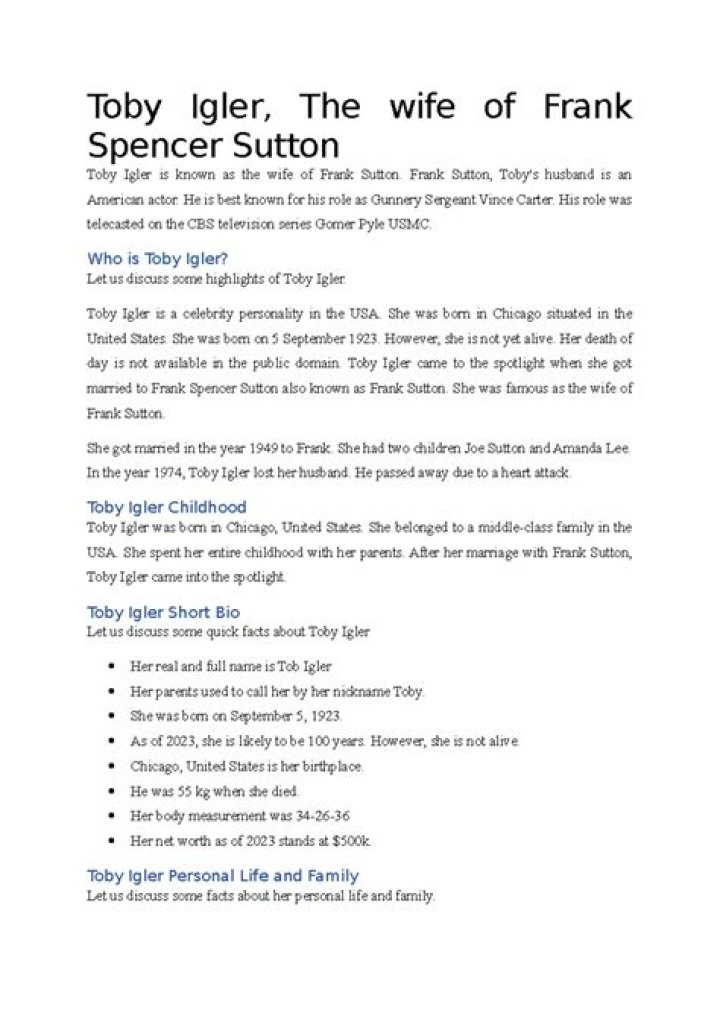 Toby Igler: Facts about Frank Sutton's wife